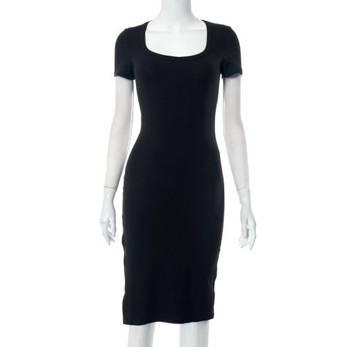 Solid color U-neck short sleeved slit fit wrap buttocks casual dress