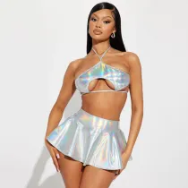 Rainbow coating bright face love tie neck revealing back revealing navel top+high waist A-line miniskirt two-piece set