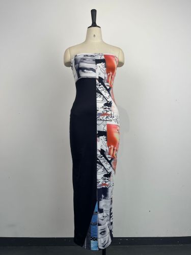 Multi color printed dress with a chest cut and a straight line skirt stitching