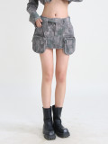 High waisted lace up 3D pocket zipper A-line skirt