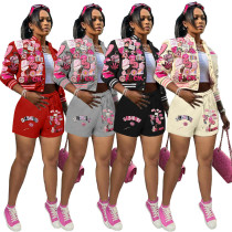 Fashion printed baseball jacket shorts set