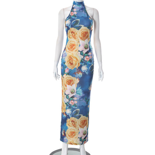 Casual printed sleeveless slim fitting backless mesh hanging neck long dress