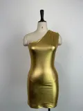 Sexy Slim Fit Metallic Slant Shoulder Sleeveless Wrapped Hip Dress