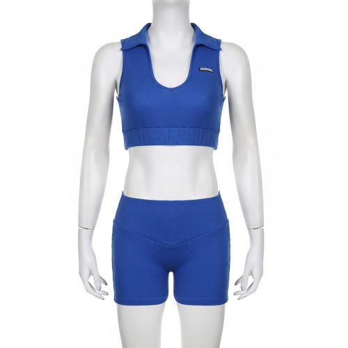 Solid color lapel sleeveless short top+high waisted shorts sports yoga two-piece set