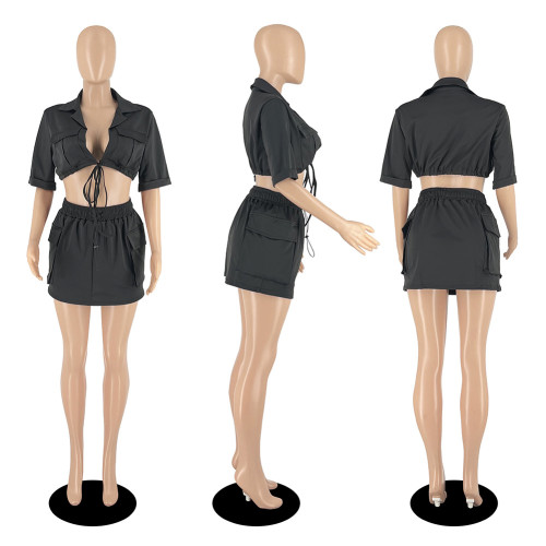 Workwear solid color short sleeved short skirt shirt two-piece set
