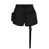 Solid woven fabric high waisted elastic drawstring asymmetric stitching large pocket trend work style casual shorts