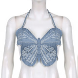 Butterfly Design Denim Tank Top Open Back Lace Up Top