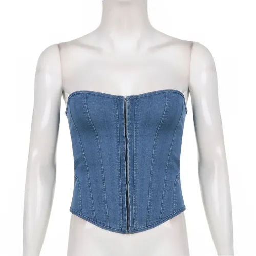 Women's Wave Neck Fish Bone Slim Fit Strap Solid Denim Bra Tank Top