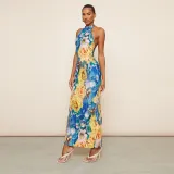 Casual printed sleeveless slim fitting backless mesh hanging neck long dress