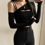 Solid Sexy Off Shoulder Oblique Collar Chest Hollow Out Tank Top Long Sleeve T-shirt Two Piece Set