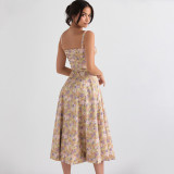 Women's fishbone lace up slim fitting split floral skirt with hollowed out backless suspender dress