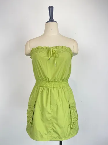 Women's drawstring bra jumpsuit, solid color pocket, folded waist, skirt pants