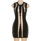 Sexy hollowed out mesh patchwork knit buttocks slimming dress