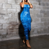 Fashionable 3D denim printed strapless hot girl slim fitting dress