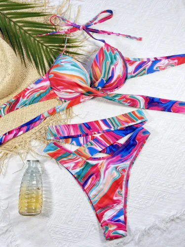 Bikini printed sexy women's split swimsuit with high waistband swimsuit