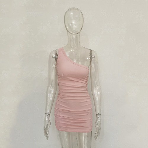 Single shoulder pleated threaded dress