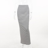 High waisted black and white striped straight skirt, versatile casual long skirt