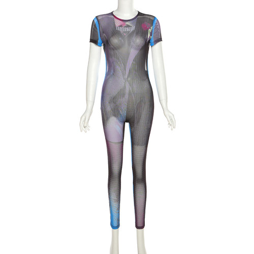 3D printed mesh breathable short sleeved tight lifting hip jumpsuit