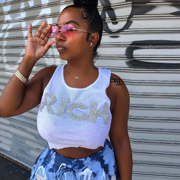Round neck letter hot diamond short strap vest casual versatile T-shirt