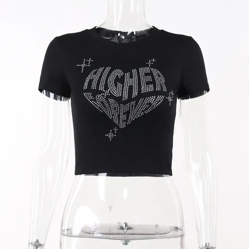 Round neck hot diamond heart printed short sleeved T-shirt