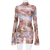 Sexy Round Neck Mesh Perspective Print Long Sleeve Slim Fit Short Dress