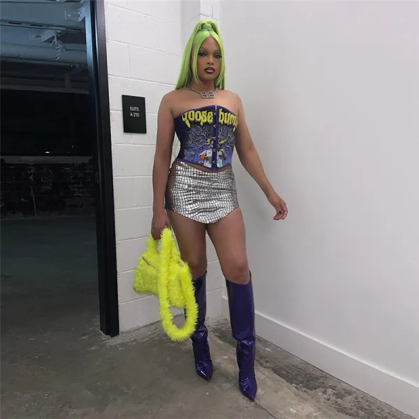 Fashionable and sexy ultra short buttocks skirt with bright reflective slim fitting skirt