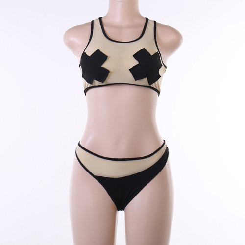 Sexy Mesh Perspective Tank Top Triangle Bikini Swimsuit Spicy Girl Set