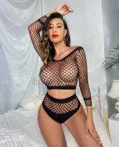 Fun Lingerie Women's Sexy Hollow Top and Bottom Two Piece Mesh Set