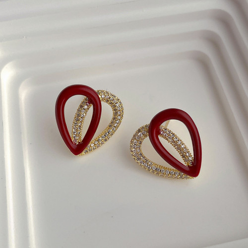 Minimalist design, oil dripping zircon heart crossed metal earrings
