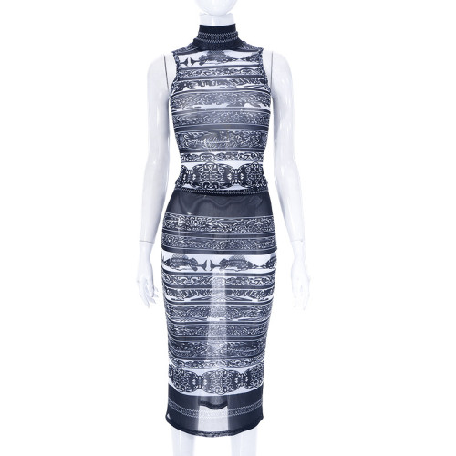 Casual mesh printed high neck sleeveless slim fitting vest long skirt set