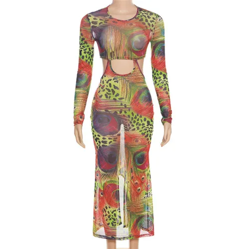 Fashionable and sexy hollow out mesh 3D printed slim fitting dress