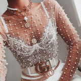 Round neck studded bead mesh see-through long sleeved top