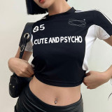 Women's contrasting ribbon small loose letter print casual navel exposed short sleeved T-shirt