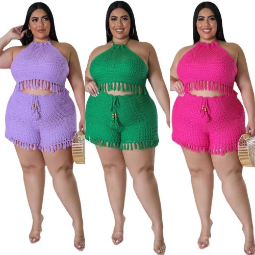 Plus size women's tassel fishing net knitted casual two-piece pants set