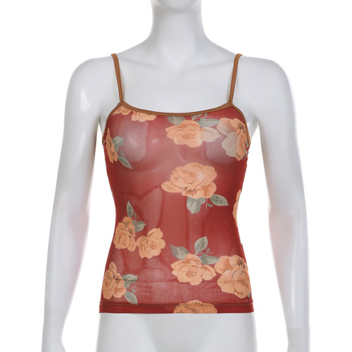 Women's mesh printed tight and slimming fashion ultra short mini strap vest