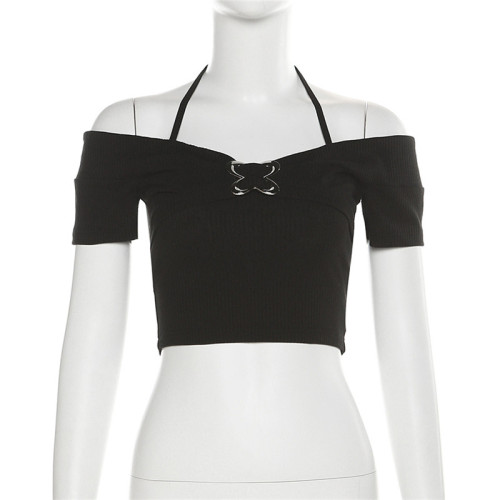 Women's Solid Color Slim Fit Fashion One line Neck Hanging Neck Open Back Short Sleeve T-shirt