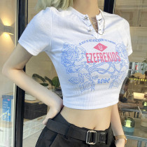 Women's sexy slim fitting navel exposed street fashion printed short sleeved T-shirt