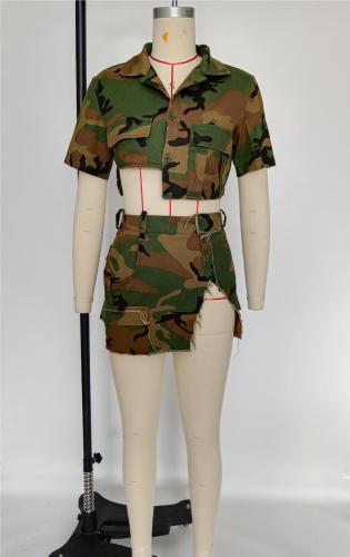 Camouflage fabric pocket irregular top sexy short skirt set two-piece set