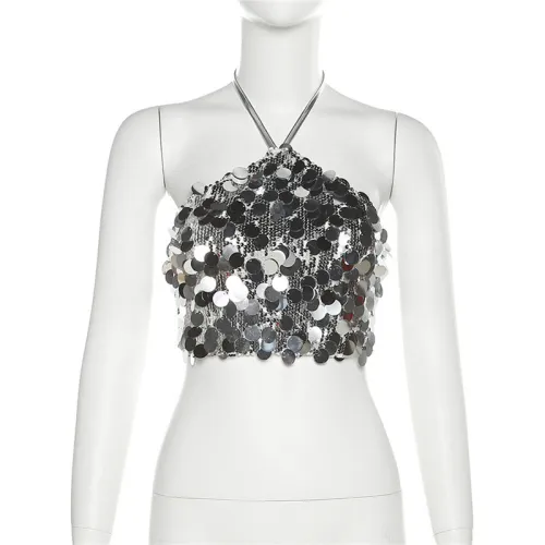 Women's Fashion Sexy Hanging Neck Open Back Sequin Tank Top