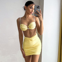 Sexy Strap Wrapped Chest Pleated Half Skirt Fashion Slim Fit Set