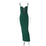 Solid color hollowed out pit stripe fashionable and sexy slim fitting suspender dress