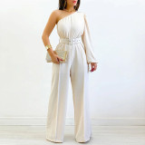 Diagonal collar single sided long sleeved high waisted wide leg jumpsuit with waistband