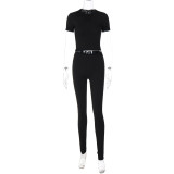 Fashion Open Umbilical Round Neck Short Sleeve Top Slim Fit Pants Set