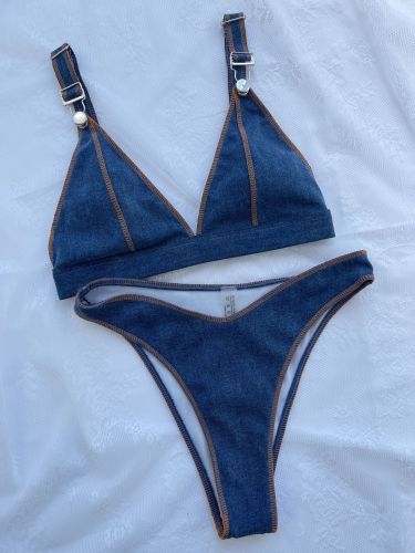 Sexy Bikini Denim Blue Solid Swimwear