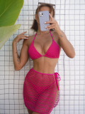 Mesh cut out fabric three piece bikini sexy swimsuit