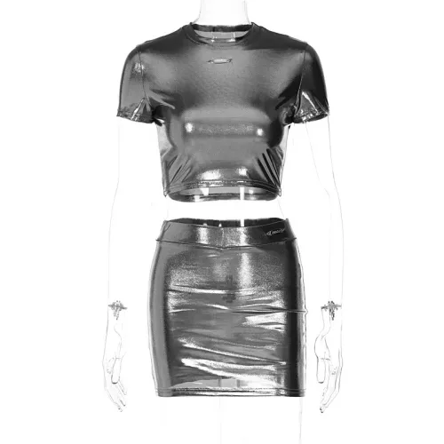 Fashion round neck exposed navel short sleeved top slim fitting skirt set