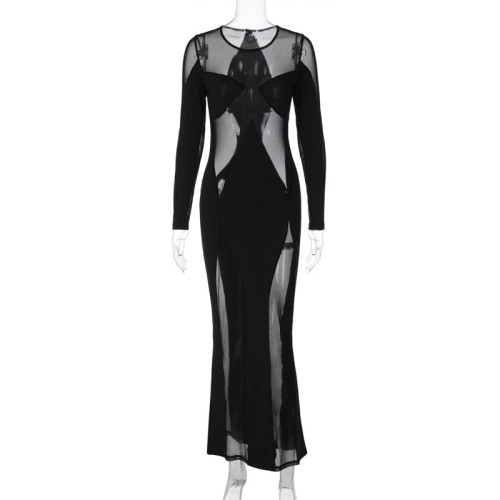 Fashionable and Sexy Mesh Perspective Slim Fit Round Neck Long Sleeve Dress