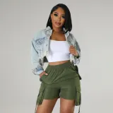 Six pockets elastic waistband woven fabric work shorts