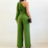 Diagonal collar single sided long sleeved high waisted wide leg jumpsuit with waistband