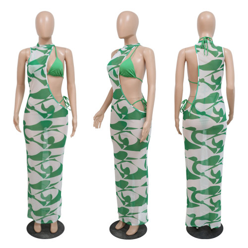 Size printed irregular mesh dress bikini three piece set